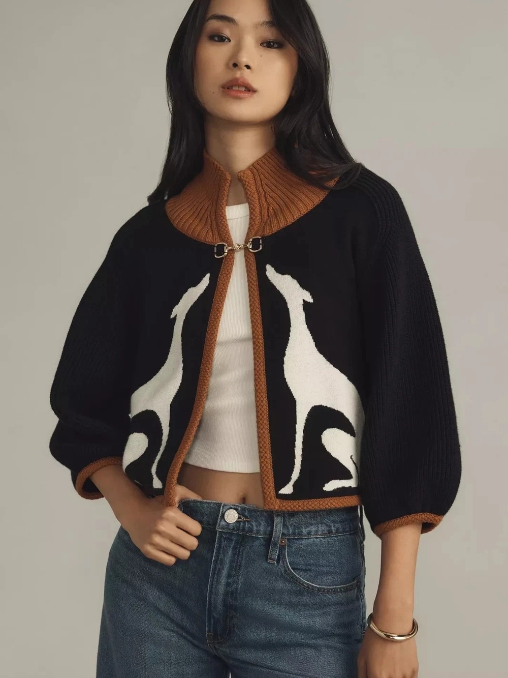 Black & Brown Dog-Intarsia Knit Cardigan Sweater